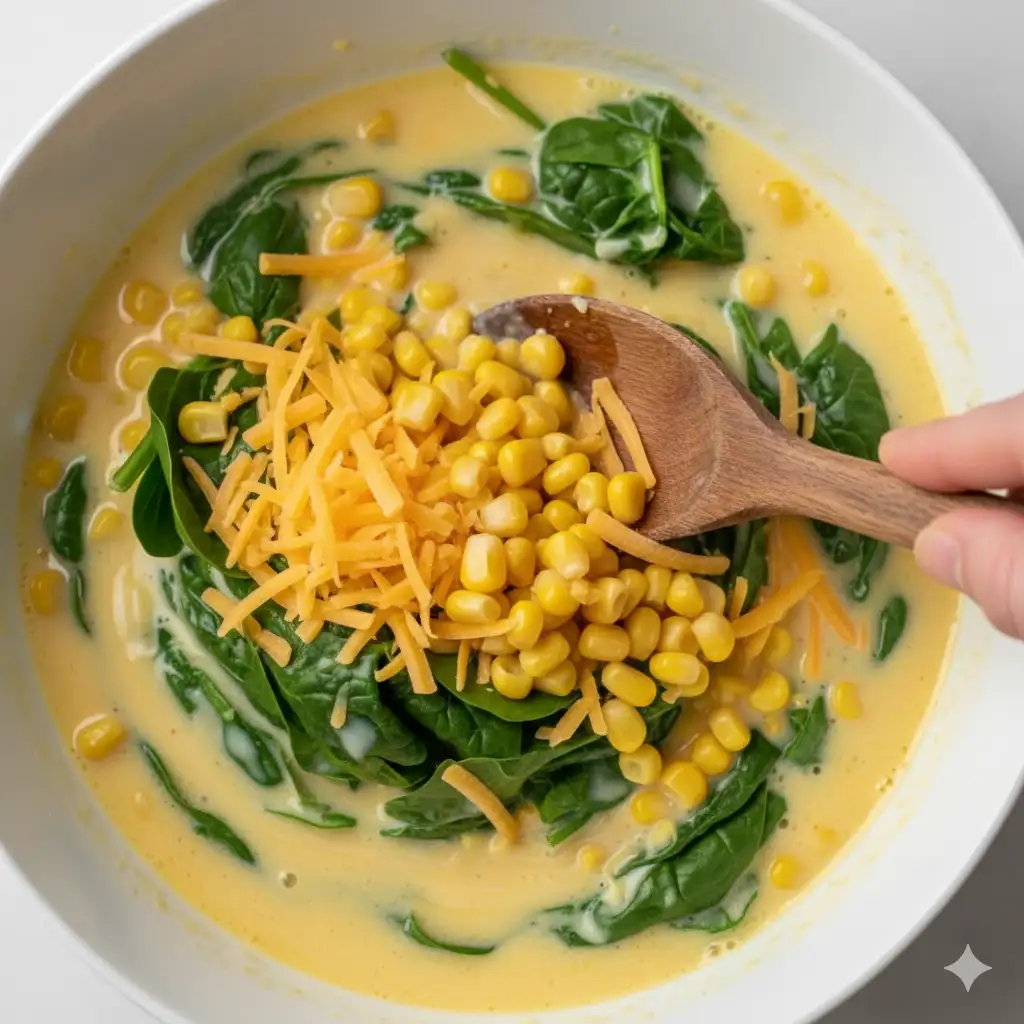 Corn, spinach, and cheese being folded into the wet casserole mixture with a spoon.